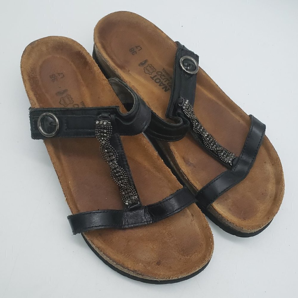 NAOT Women's Malibu Black Leather Jeweled T-Strap Slides Sandals Size 38 US 7